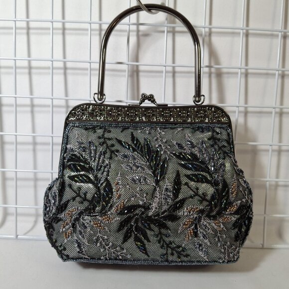 Vintage Small Tapestry Beaded Evening Purse Metal Top Handle, Crossbody Chain - Picture 1 of 16